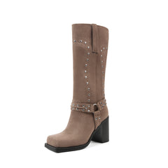 Chunky Heel Mid Calf Western Platform Motorcycle Boots-Taupe