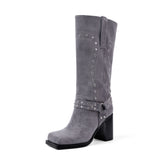 Chunky Heel Mid Calf Western Platform Motorcycle Boots-Dusty Blue