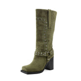 Chunky Heel Mid Calf Western Platform Motorcycle Boots-Green
