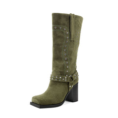 Chunky Heel Mid Calf Western Platform Motorcycle Boots-Green