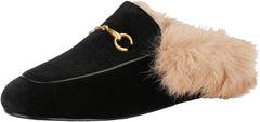 Fur Comfortable Leather Buckle Mules-Black Velvet