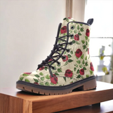 Vegan Leather Combat Boot- Gothic Red Roses