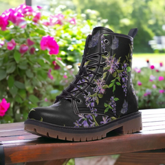 Vegan Leather Combat Boot- Dark Floral