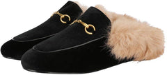 Fur Comfortable Leather Buckle Mules-Black Velvet