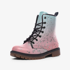 Vegan Leather Combat Boot- Pastel Pink & Blue Silver Stars