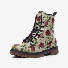Vegan Leather Combat Boot- Gothic Red Roses