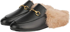 Fur Comfortable Leather Buckle Mules-Black