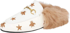 Fur Comfortable Leather Buckle Mules-White Stars