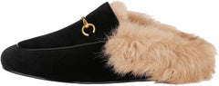 Fur Comfortable Leather Buckle Mules-Black Velvet