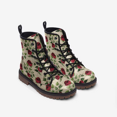 Vegan Leather Combat Boot- Gothic Red Roses