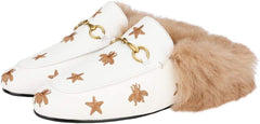 Fur Comfortable Leather Buckle Mules-White Stars