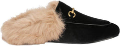 Fur Comfortable Leather Buckle Mules-Black Velvet