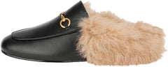 Fur Comfortable Leather Buckle Mules-Black