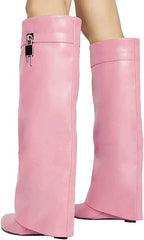 Fold Over Knee High Covered Wedge Heel Party Boots