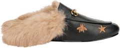 Fur Comfortable Leather Buckle Mules- Black Stars