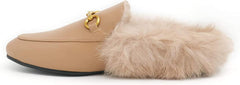 Fur Comfortable Leather Buckle Mules-Apricot Fur