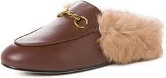 Fur Comfortable Leather Buckle Mules-Brown Fur
