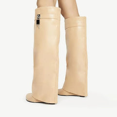 Fold Over Knee High Covered Wedge Heel Party Boots-Apricot