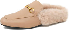 Fur Comfortable Leather Buckle Mules-Apricot Fur