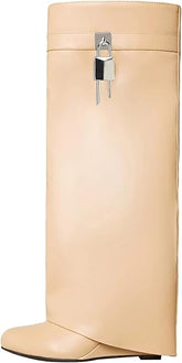 Fold Over Knee High Covered Wedge Heel Party Boots-Apricot