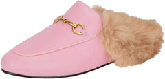 Fur Comfortable Leather Buckle Mules- Pink Fur