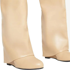 Fold Over Knee High Covered Wedge Heel Party Boots-Apricot