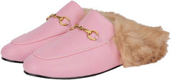 Fur Comfortable Leather Buckle Mules- Pink Fur