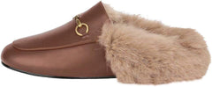 Fur Comfortable Leather Buckle Mules-Brown Fur