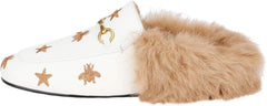 Fur Comfortable Leather Buckle Mules-White Stars
