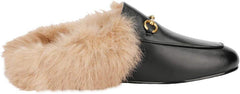 Fur Comfortable Leather Buckle Mules-Black