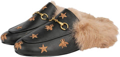 Fur Comfortable Leather Buckle Mules- Black Stars