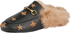 Fur Comfortable Leather Buckle Mules- Black Stars