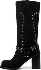 Western-Motorradstiefel mit Plateausohle und klobigem Absatz und mittlerer Wadenhöhe - Schwarz