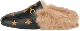Fur Comfortable Leather Buckle Mules- Black Stars