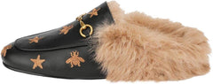 Fur Comfortable Leather Buckle Mules- Black Stars
