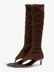 Mid Calf Boots Women's Open Toe Flip Flop Kitten Heel Elastic Sandal Boots