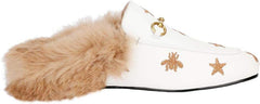 Fur Comfortable Leather Buckle Mules-White Stars