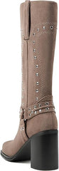 Chunky Heel Mid Calf Western Platform Motorcycle Boots-Taupe