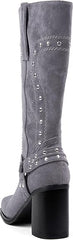 Chunky Heel Mid Calf Western Platform Motorcycle Boots-Dusty Blue