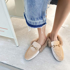 Fur Comfortable Leather Buckle Mules- Beige Fur