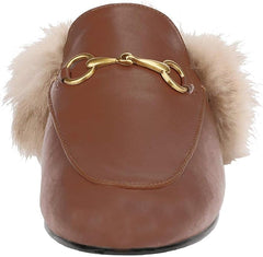 Fur Comfortable Leather Buckle Mules-Brown Fur