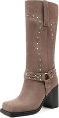Chunky Heel Mid Calf Western Platform Motorcycle Boots-Taupe