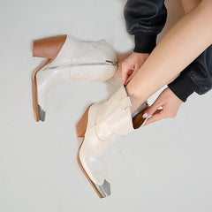 Women's Western Side Zipper Vintage Cowboy Boot-Beige