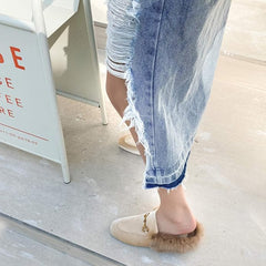 Fur Comfortable Leather Buckle Mules- Beige Fur