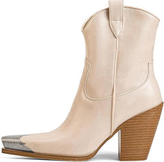 Women's Western Side Zipper Vintage Cowboy Boot-Beige