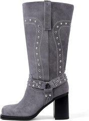 Chunky Heel Mid Calf Western Platform Motorcycle Boots-Dusty Blue