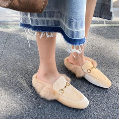 Fur Comfortable Leather Buckle Mules- Beige Fur