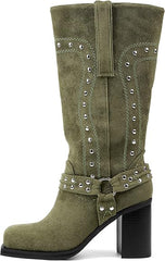 Chunky Heel Mid Calf Western Platform Motorcycle Boots-Green