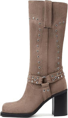 Chunky Heel Mid Calf Western Platform Motorcycle Boots-Taupe