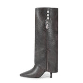 Burgundy Knee High Boots Pointed Toe Zipper Detail High Heel Foldover Boots-Grey
